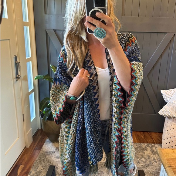 New Bohemian Loom Moroccan Knit Tasseled Blue Poncho Cardigan Sweater - Picture 6 of 11